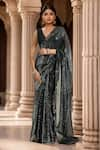 Buy_Samyukta Singhania_Black Saree Georgette Embellished Sequin With Unstitched Blouse Piece _at_Aza_Fashions