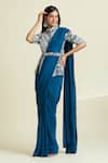 Buy_Samyukta Singhania_Blue Dola Embellished Bead Dori Embroidered Slit Blouse Pre-draped Saree Set 