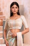 Buy_Samyukta Singhania_Peach Poly Blend Embroidered Floral Leaf Neck Stripe Thread Blouse _at_Aza_Fashions