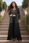 Buy_Samyukta Singhania_Black Georgette Embroidered Sequins Jacket Open Neck Pant Set _at_Aza_Fashions