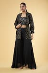 Samyukta Singhania_Black Georgette Embroidered Sequins Jacket Open Neck Pant Set _Online