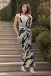 Buy_Samyukta Singhania_Blue Lurex Georgette Embellished Crystal Plunging V Draped Neckline Dress _at_Aza_Fashions