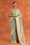 Shop_Neitri_Blue Banarasi Silk Handwoven Zinnia Saree With Running Blouse _Online_at_Aza_Fashions