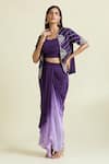 Shop_Samyukta Singhania_Purple Dola Embellished Bead Jacket Open Floral Ombre Draped Skirt Set 