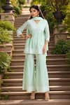 Buy_Samyukta Singhania_Green Cotton Mulmul Embroidered Mirror Work V-neck Peplum Kurta Sharara Set _at_Aza_Fashions