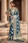 Buy_Samyukta Singhania_Blue Viscose Woven Zari V-neck Rosette Saree With Blouse _at_Aza_Fashions