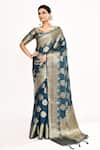 Buy_Samyukta Singhania_Blue Viscose Woven Zari V-neck Rosette Saree With Blouse 