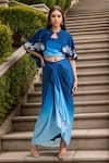 Buy_Samyukta Singhania_Blue Modal Satin Embellished Bead Cape Round Scalloped Ombre Draped Skirt Set _at_Aza_Fashions