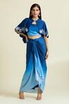 Shop_Samyukta Singhania_Blue Modal Satin Embellished Bead Cape Round Scalloped Ombre Draped Skirt Set 