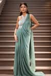 Buy_Samyukta Singhania_Green Blouse Net Embellished Sequin Halter Ombre Pre-draped Mermaid Saree Set _at_Aza_Fashions