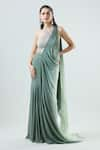 Buy_Samyukta Singhania_Green Blouse Net Embellished Sequin Halter Ombre Pre-draped Mermaid Saree Set 