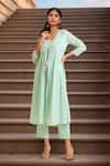 Buy_Samyukta Singhania_Green Kurta And Dupatta Cotton Mulmul Embellished Gota Patti V-neck & Pant Set _at_Aza_Fashions