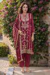 Buy_Samyukta Singhania_Maroon Faux Georgette Embroidered Zari Round Floral Kurta Pant Set _at_Aza_Fashions