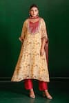 Buy_The Home Affair_Yellow Muslin Crepe Hand Work Floral Leaf Print A-line Kurta Set _at_Aza_Fashions