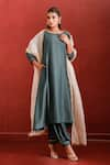 Shop_The Home Affair_Blue Muslin Crepe Stripe Boat Solid A-line Kurta Pant Set _at_Aza_Fashions