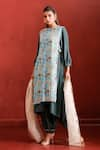 Buy_The Home Affair_Blue Muslin Crepe Hand Work Stripe Kurta And Jacket Boat A-line Set With Floral _at_Aza_Fashions