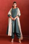 The Home Affair_Blue Muslin Crepe Hand Work Stripe Kurta And Jacket Boat A-line Set With Floral _Online_at_Aza_Fashions