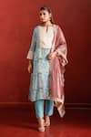 Buy_The Home Affair_Blue Muslin Crepe Hand Work Floral Notched Print Straight Kurta Set _at_Aza_Fashions