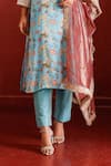 The Home Affair_Blue Muslin Crepe Hand Work Floral Notched Print Straight Kurta Set _Online_at_Aza_Fashions