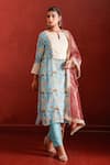 Buy_The Home Affair_Blue Muslin Crepe Hand Work Floral Notched Print Straight Kurta Set _Online_at_Aza_Fashions