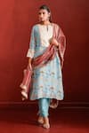 Shop_The Home Affair_Blue Muslin Crepe Hand Work Floral Notched Print Straight Kurta Set _Online_at_Aza_Fashions