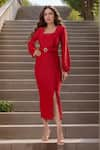 Buy_Samyukta Singhania_Red Polyester Solid Square Neck Puffed Sleeve Midi Dress _at_Aza_Fashions