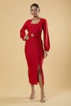 Buy_Samyukta Singhania_Red Polyester Solid Square Neck Puffed Sleeve Midi Dress 