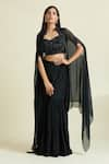 Samyukta Singhania_Black Crepe Embellished Bead Cape Mandarin Collar Crystal Border Sharara Set _Online