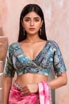 Buy_Samyukta Singhania_Blue Brocade Embroidery Plunge Neck Gul Art Woven Blouse _at_Aza_Fashions
