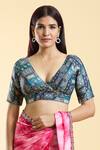 Buy_Samyukta Singhania_Blue Brocade Embroidery Plunge Neck Gul Art Woven Blouse 