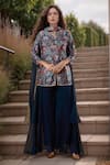 Buy_Samyukta Singhania_Blue Kurta Dull Satin Digital Printed Floral Notched Pant Set _at_Aza_Fashions