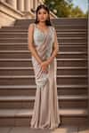 Buy_Samyukta Singhania_Peach Blouse Organza Embellished Sequin Mermaid Pre-draped Saree Set With _at_Aza_Fashions