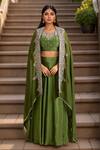 Buy_Samyukta Singhania_Green Tissue Embellished Bead Dabka Thread Embroidered Asymmetric Lehenga Set _at_Aza_Fashions