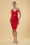 Buy_Samyukta Singhania_Red Polyester Solid V Neck Short Bodycon Dress 