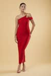 Buy_Samyukta Singhania_Red Polyester Solid One Shoulder Plain Maxi Dress 