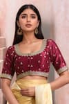 Buy_Samyukta Singhania_Maroon Mulberry Silk Embroidery Ditsy Flora Round Neck Blouse _at_Aza_Fashions