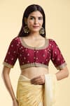 Buy_Samyukta Singhania_Maroon Mulberry Silk Embroidery Ditsy Flora Round Neck Blouse 