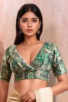 Buy_Samyukta Singhania_Green Brocade Woven Phool Art Plunging V Neck Blouse _at_Aza_Fashions