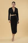 Buy_Samyukta Singhania_Black Crepe Solid Notched Lapel Crop Blazer With Midi Slit Skirt 