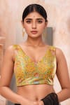 Buy_Samyukta Singhania_Yellow Silk Blend Embroidered Zari V-neck Floral Print Blouse _at_Aza_Fashions