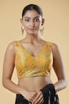 Samyukta Singhania_Yellow Silk Blend Embroidered Zari V-neck Floral Print Blouse _at_Aza_Fashions