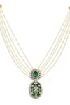 Ruby Raang_Green Kundan Stone Embellished Pearl Pendant Necklace Set _at_Aza_Fashions