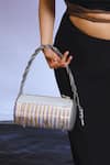 Buy_Immri_Silver Hand Embroidery Cylindroid Metallic Stripe Bag _Online_at_Aza_Fashions