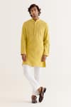 Buy_Devnaagri_Yellow Silk Chanderi Print Floral Embroidered Yoke Kurta With Pant _at_Aza_Fashions