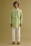 Buy_Devnaagri_Green Silk Satin Embroidered Dori Neck Kurta With Pant _at_Aza_Fashions