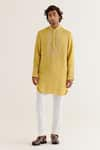 Buy_Devnaagri_Yellow Silk Satin Embroidered Dori Neckline Kurta With Pant _at_Aza_Fashions