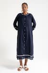 Buy_AMKA_Blue Organic Cotton Embellished Lace Round Collar Hazine Midi Dress _at_Aza_Fashions