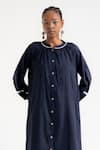 AMKA_Blue Organic Cotton Embellished Lace Round Collar Hazine Midi Dress _Online_at_Aza_Fashions