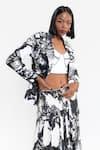 AMKA_Black Natural Silk Print Musk Bloom Lapel Collar Kola Jacket And Skirt Set _at_Aza_Fashions