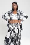 Shop_AMKA_Black Natural Silk Print Musk Bloom Lapel Collar Kola Jacket And Skirt Set 